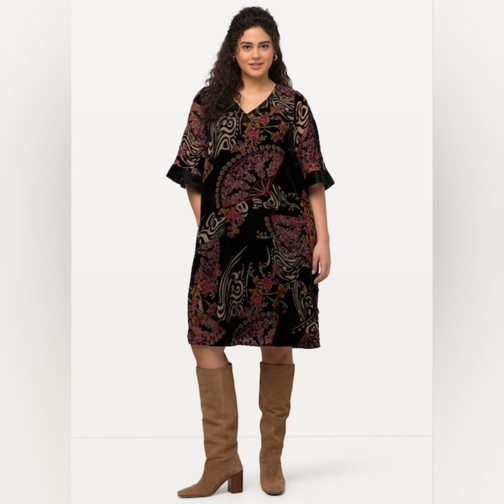 Ulla Popken Burnout Velvet Dress Floral & Fans Print Fits 18/20